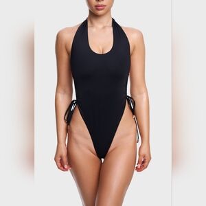 Bad N Bare One Piece Swimsuit. Thong. Halter Top. Adjustable High Cut. Black. L